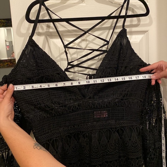 Long-sleeve off shoulder, Black Crochet Romper with tie straps down the back - Picture 8 of 11